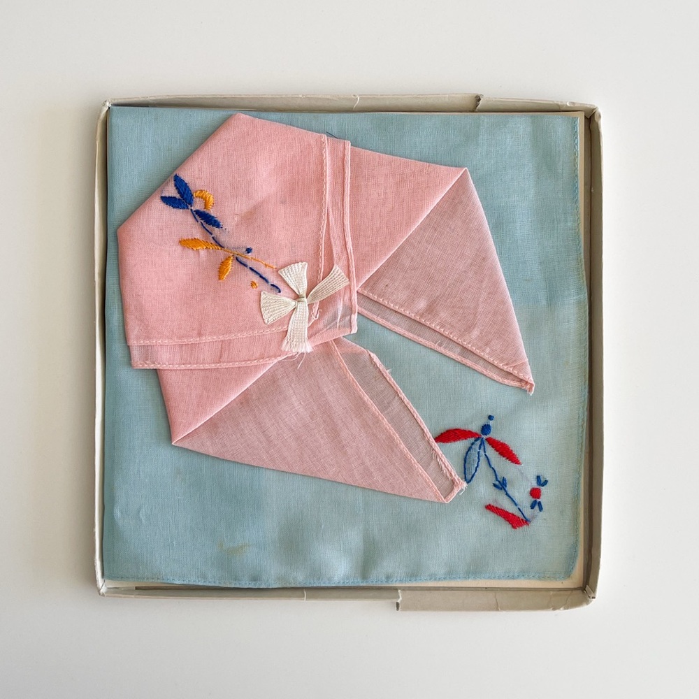 1940s Vintage Ladies Hankies in Original Box Set of Two Handkerchiefs